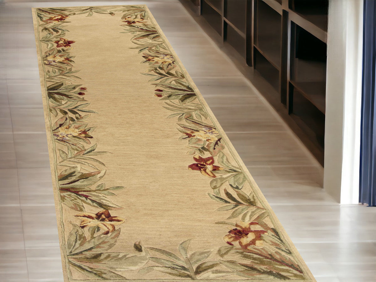 10' Ivory Hand Tufted Bordered Tropical Plants Indoor Runner Rug