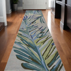 2' X 10' Grey Or Blue Tropical Leaves Wool Indoor Runner Rug