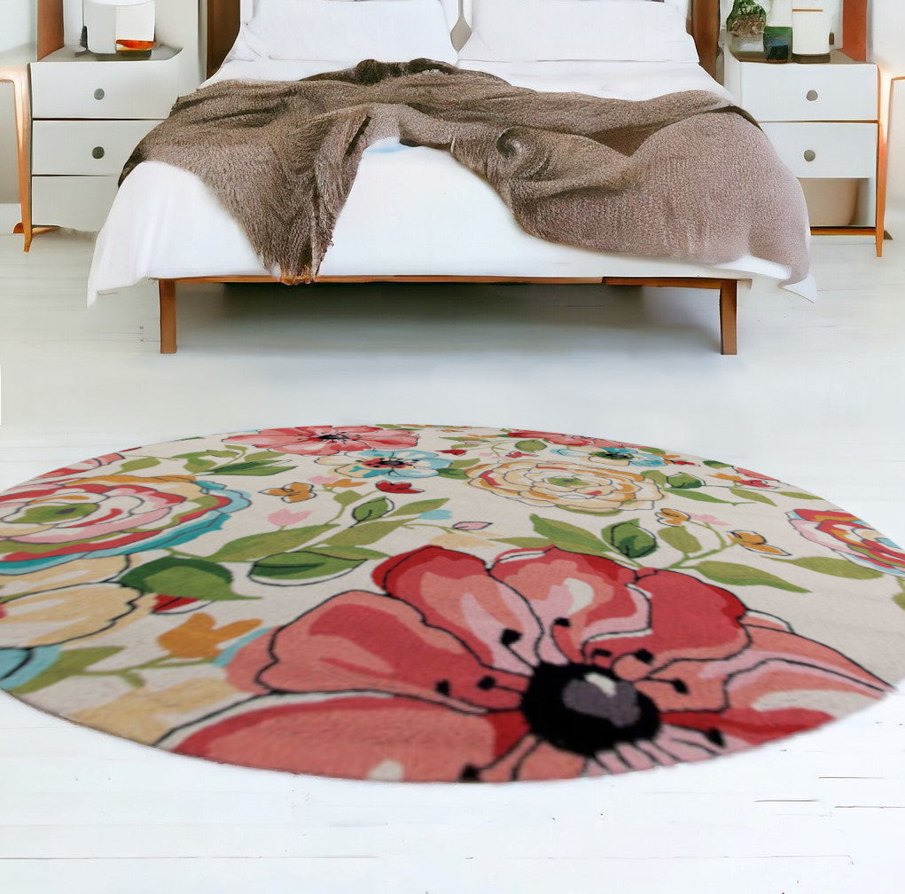 8' Sand Beige Hand Hooked Oversized Floral Round Indoor Area Rug