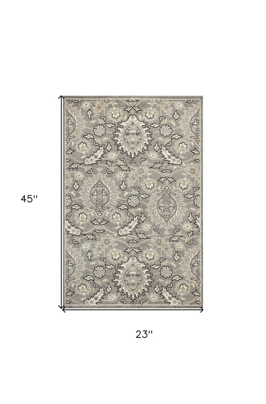 2' X 4' Gray and Ivory Floral Area Rug