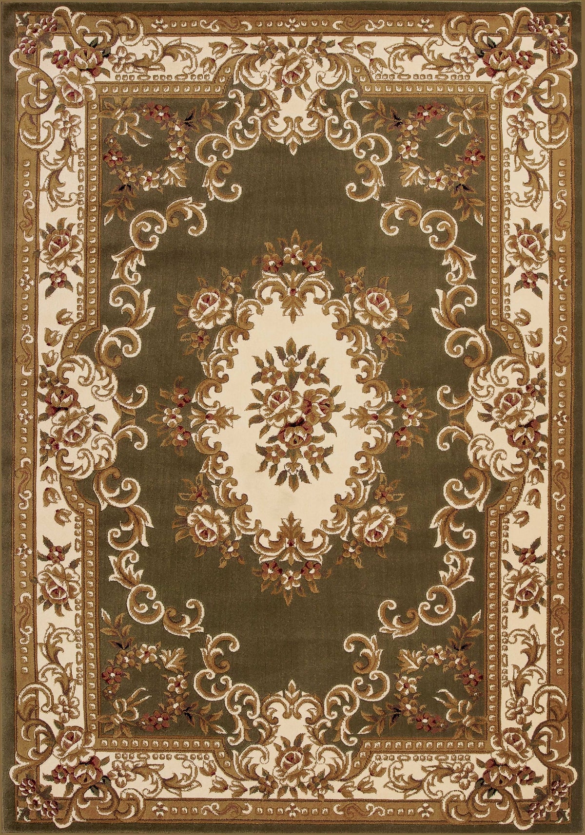 2' X 3' Green Ivory Machine Woven Hand Carved Floral Medallion Indoor Accent Rug