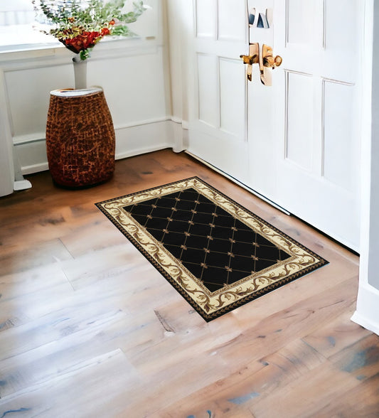 2' X 3' Black Machine Woven Hand Carved Fleur De Lis Indoor Accent Rug