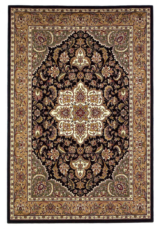 2' X 3' Black Beige Machine Woven Floral Medallion Indoor Accent Rug