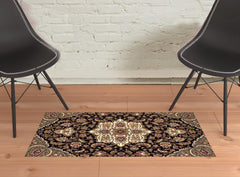 2' X 3' Black Beige Machine Woven Floral Medallion Indoor Accent Rug