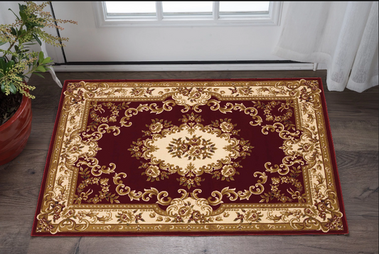 2' X 3' Red and Ivory Floral Border Area Rug