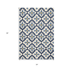 2' X 3' Ivory and Blue Moroccan Handmade Indoor Outdoor Area Rug