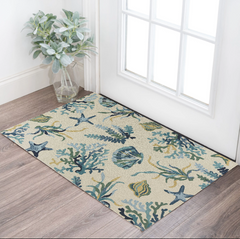 2' X 3' Ivory and Blue Seashell and Coral Hand Tufted Area Rug