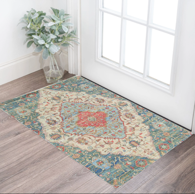 2' X 4' Blue and Beige Medallion Hand Woven Distressed Area Rug