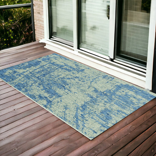 3' X 5' Blue and Green Abstract Indoor Outdoor Area Rug