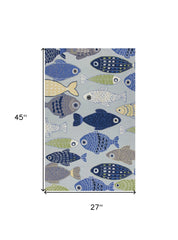 2' X 4' Blue and Ivory Fish Hand Tufted Area Rug