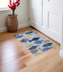 2' X 4' Blue and Ivory Fish Hand Tufted Area Rug