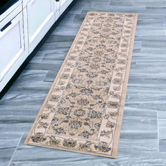 8' Beige Ivory Bordered Floral Indoor Runner Rug