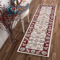 8' Ivory Red Bordered Floral Indoor Runner Rug