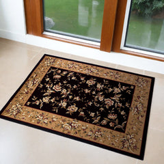 3' X 5' Black Beige Machine Woven Floral Vines Indoor Area Rug