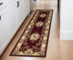 8' Red and Ivory Floral Border Runner Rug