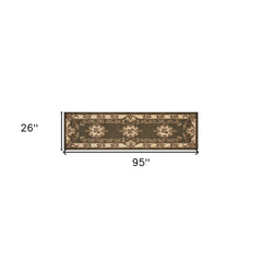 8' Green and Ivory Medallion Runner Rug