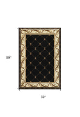 3' X 5' Black Machine Woven Hand Carved Fleur De Lis Indoor Area Rug