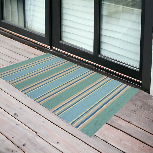 3' X 5' Blue Striped Handmade Indoor Outdoor Area Rug