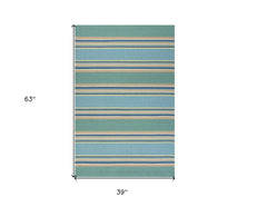 3' X 5' Blue Striped Handmade Indoor Outdoor Area Rug