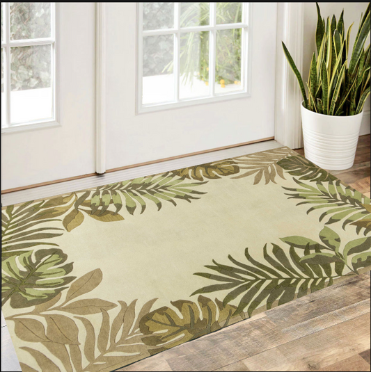 2' X 4' Ivory Leaves Bordered Wool Area Rug