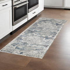 8' Ivory Machine Woven Distressed Diamond Floral Medallion Indoor Runner Rug