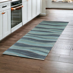 8' Ocean Blue Teal Hand Tufted Abstract Waves Indoor Runner Rug