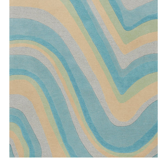 8' Ocean Blue Beige Hand Tufted Abstract Waves Indoor Runner Rug