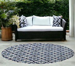 8' Round Ivory and Blue Moroccan Handmade Indoor Outdoor Area Rug