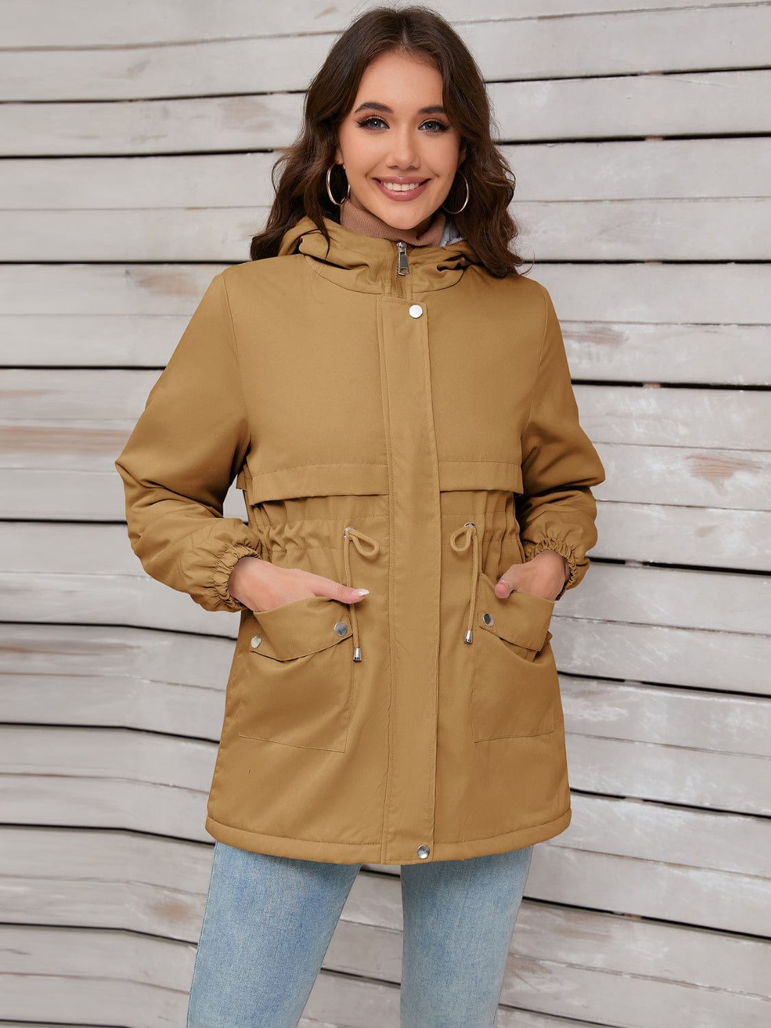 Drawstring Long Sleeve Hooded Jacket - Trendsi