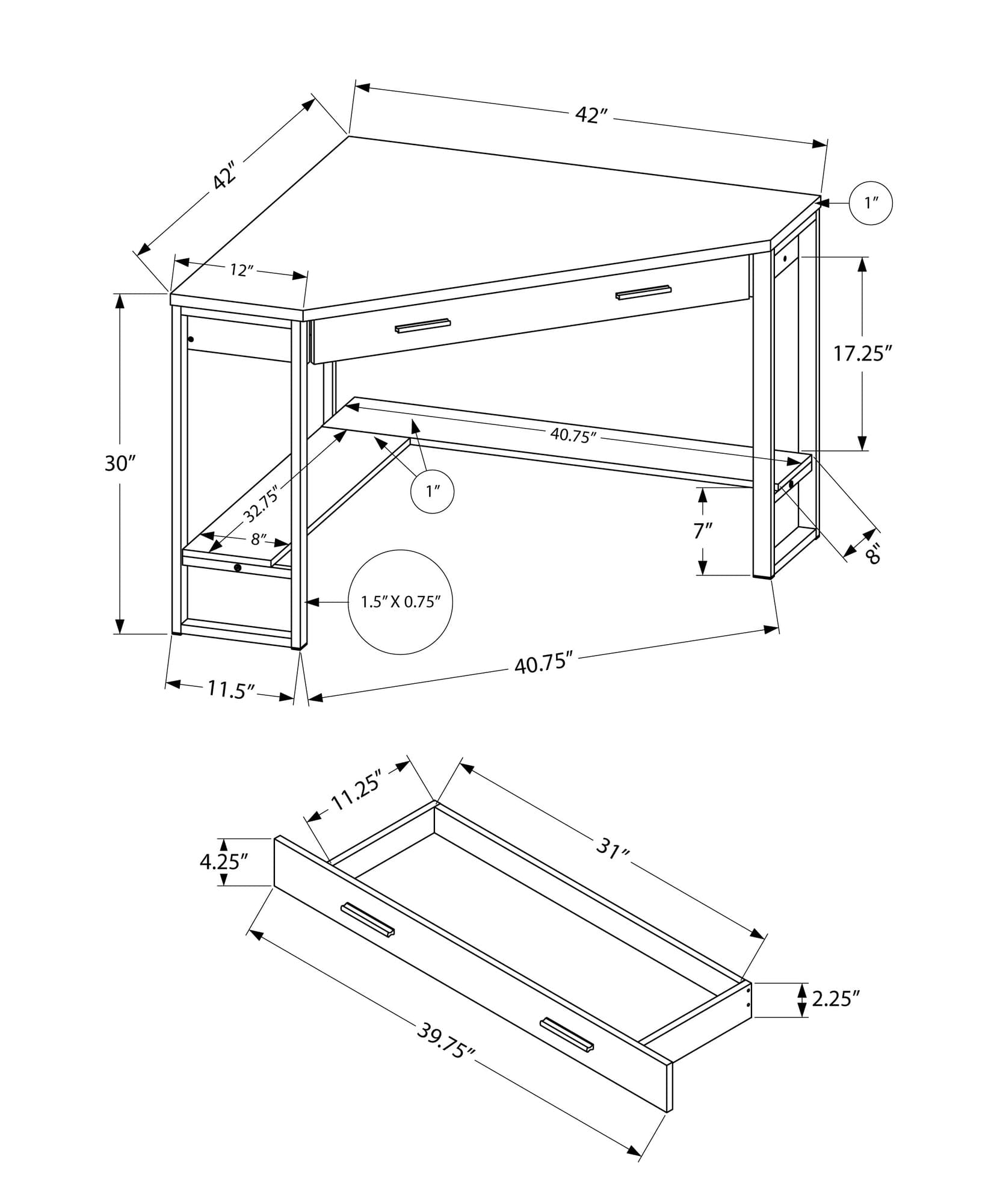 42" White and Silver Corner Computer Desk With Two Drawers - Homeroots