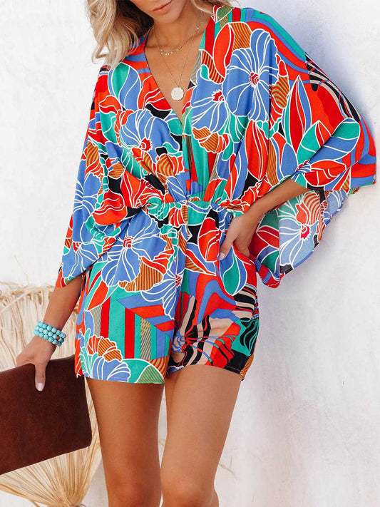 Tied Printed Kimono Sleeve Romper Trendsi