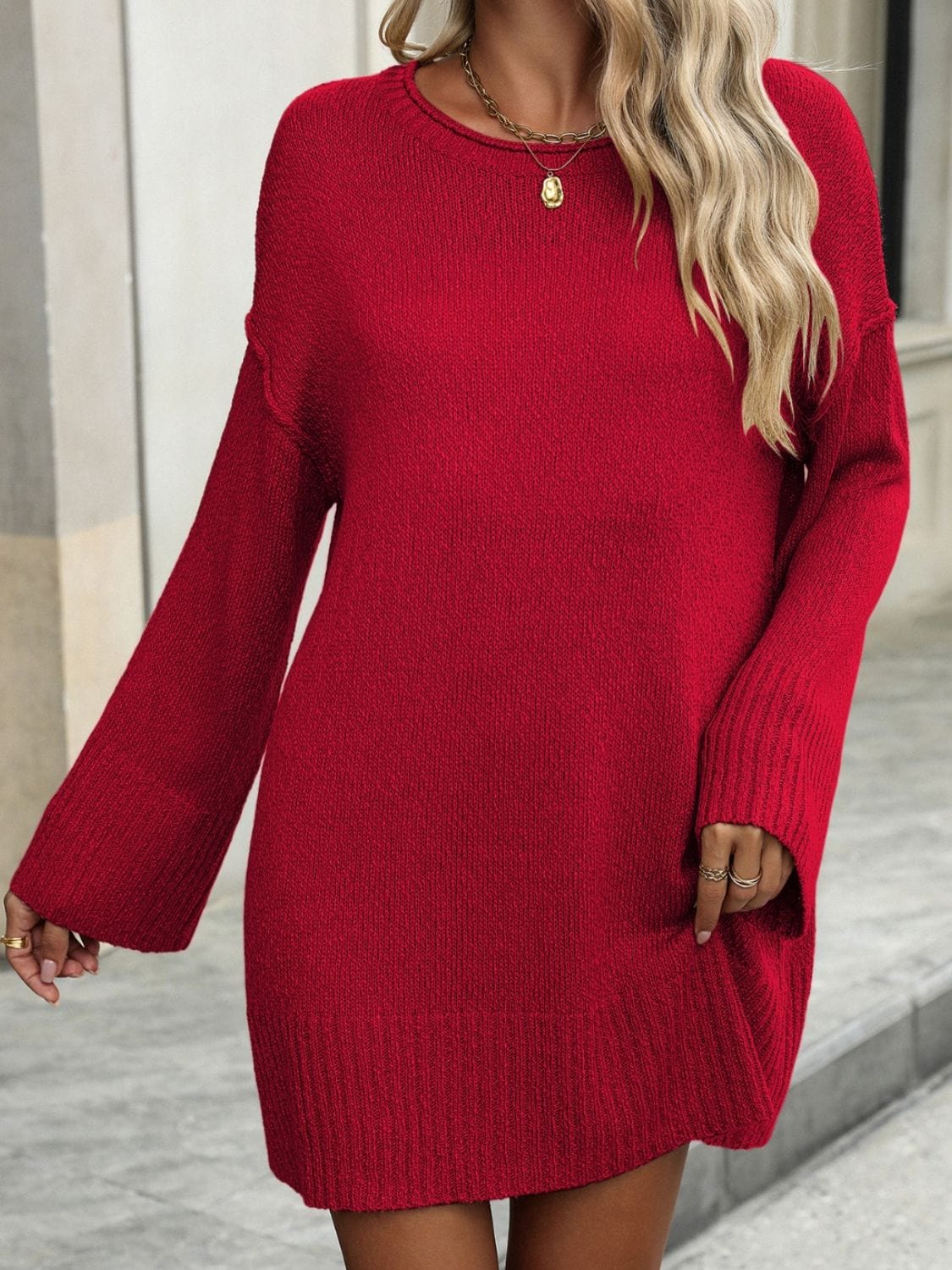 Round Neck Dropped Shoulder Sweater - Trendsi