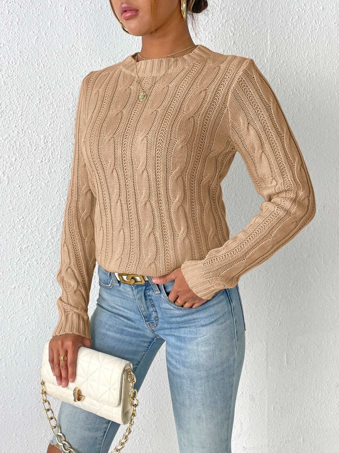 Cable-Knit Round Neck Sweater - Trendsi