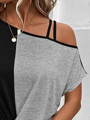 Contrast Asymmetrical Neck Short Sleeve T-Shirt