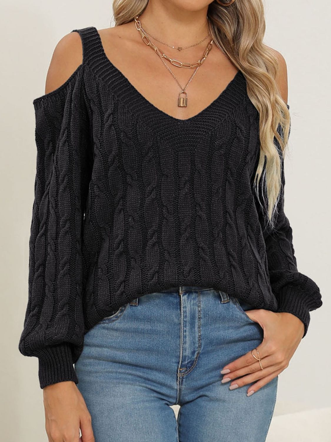 Cable-Knit V-Neck Long Sleeve Sweater - Trendsi