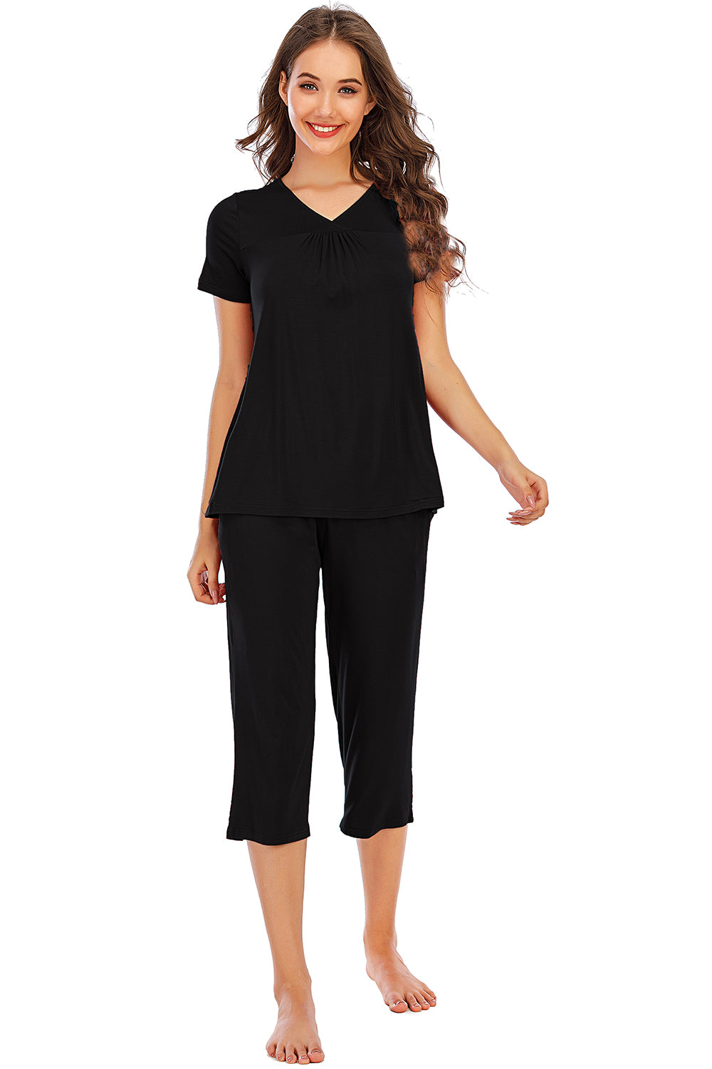 V-Neck Short Sleeve Top and Pants Lounge Set - Flyclothing LLC