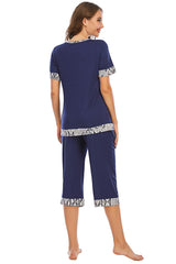 Round Neck Short Sleeve Top and Capris Pants Lounge Set - Flyclothing LLC