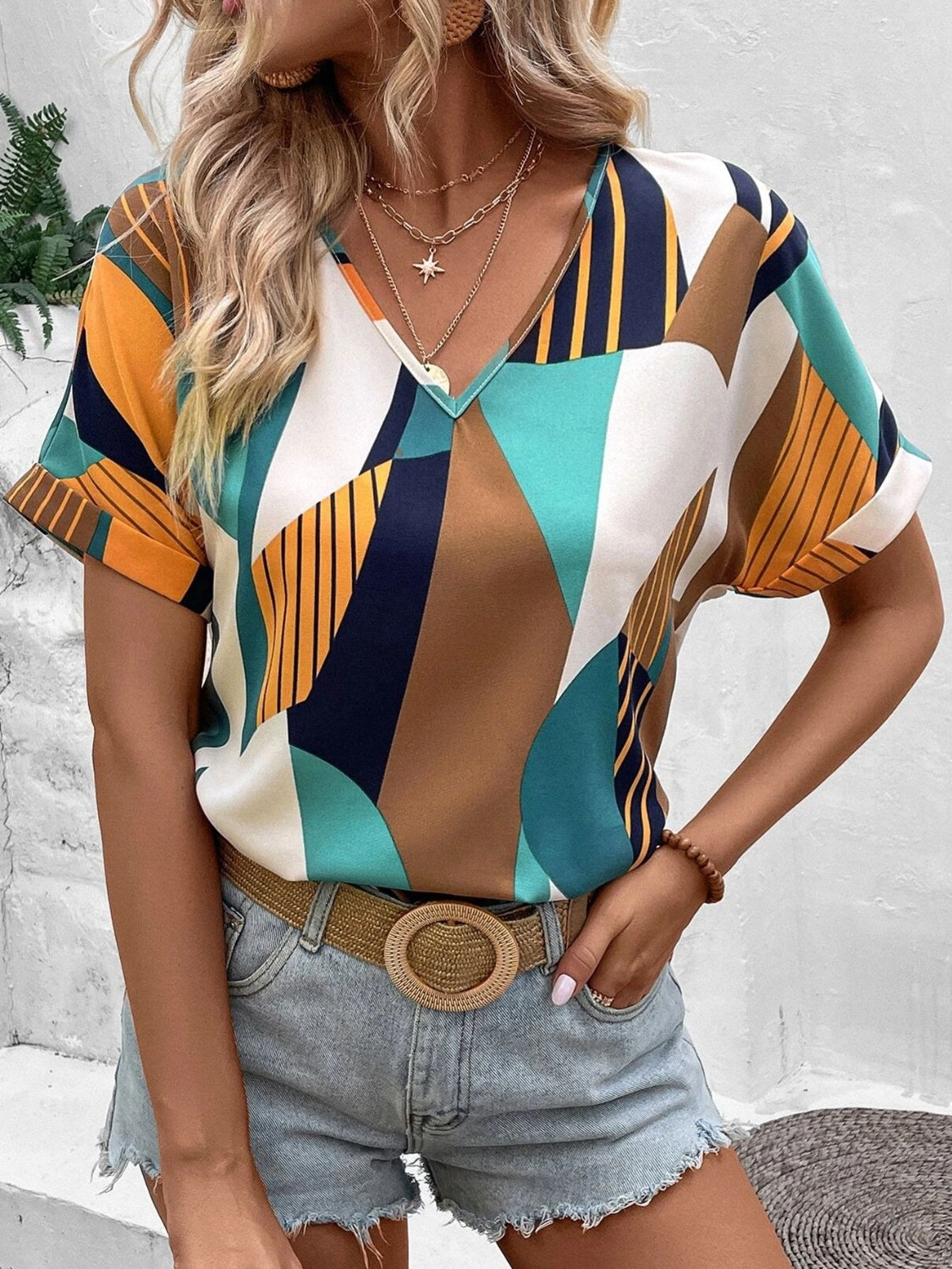 Printed V-Neck Short Sleeve Blouse - Flyclothing LLC