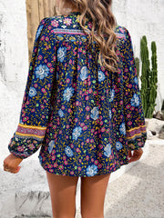 Printed Tie Neck Long Sleeve Blouse - Flyclothing LLC