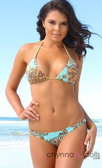 Brazil: Reversible Itty Thong Swimsuit in Gold/Mint Paisley Print