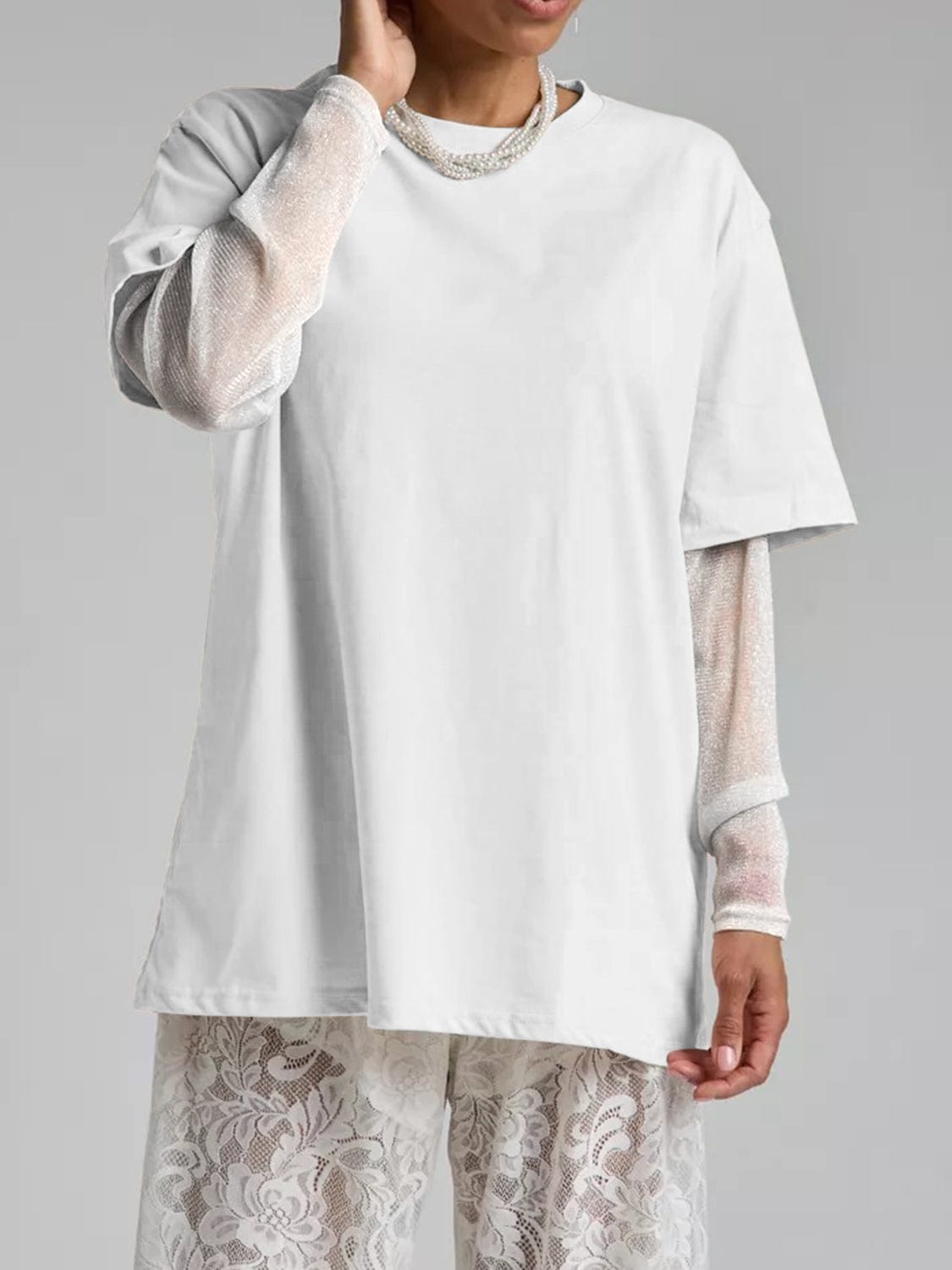 Faux Layered Round Neck Mesh Sleeve Top - Trendsi