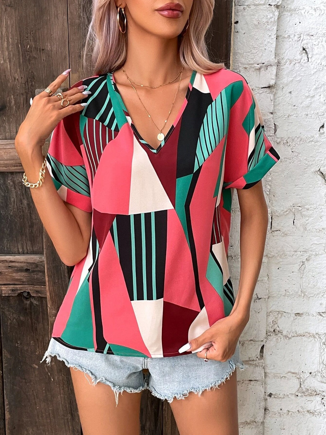 Printed V-Neck Short Sleeve Blouse - Flyclothing LLC