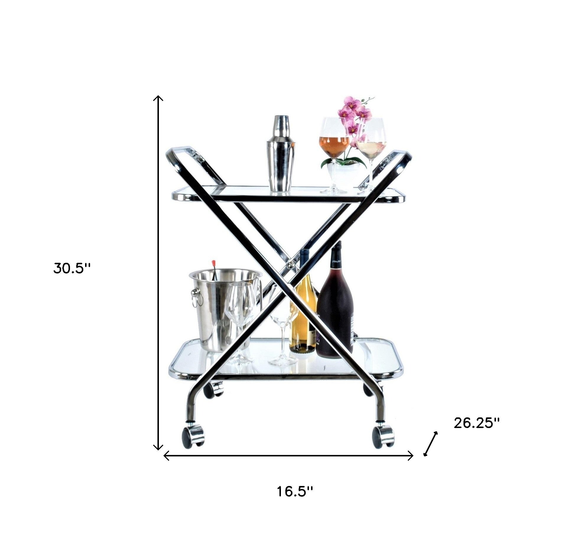 16.5" X 26.25" X 30.5" Chrome Xshape  Bar Cart