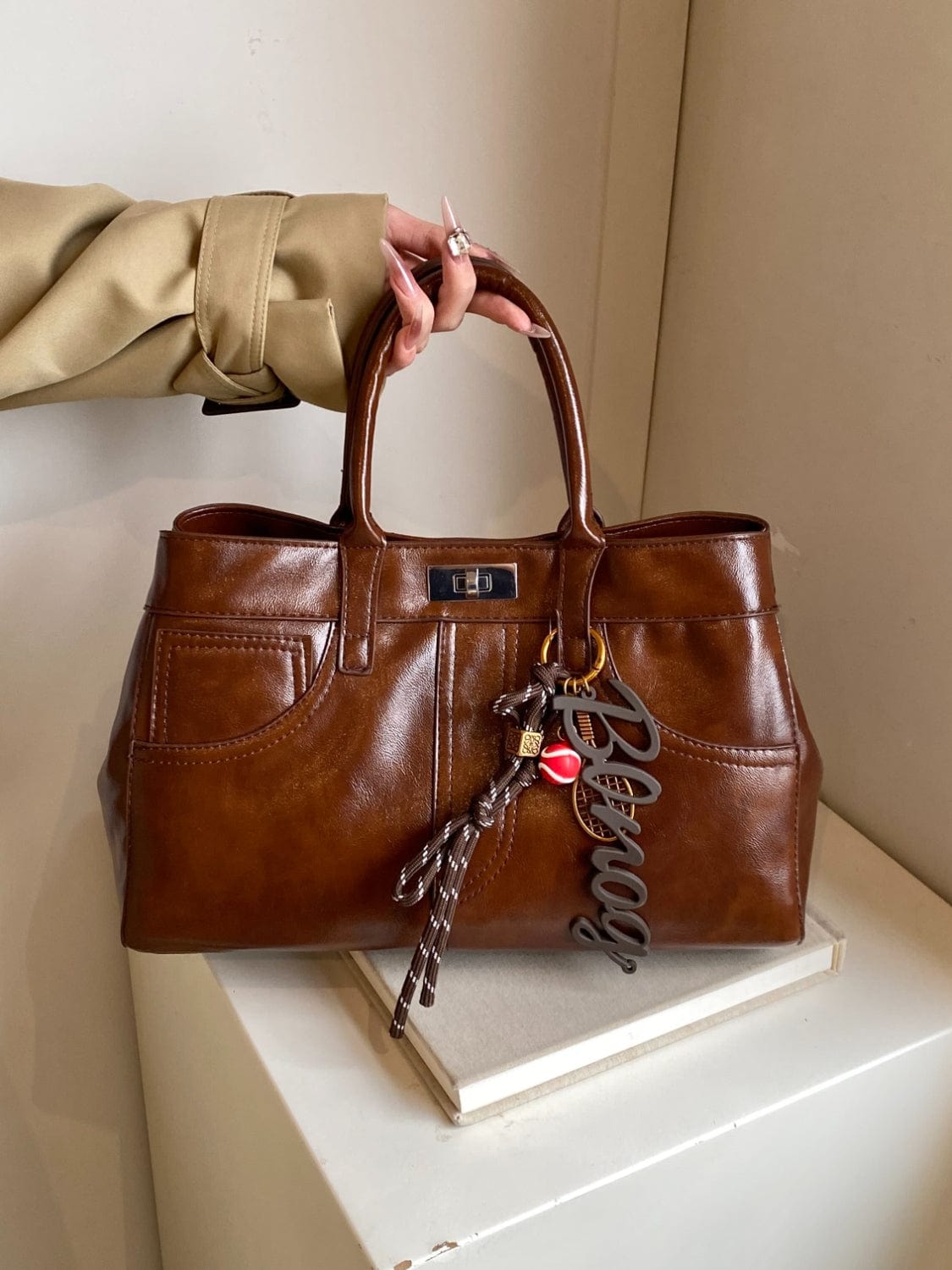 PU Leather Handbag with Pendant - Trendsi