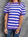 Full Size Contrast Stitching Striped Round Neck T-Shirt