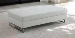 63" White Faux Leather And Silver Ottoman