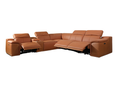 Camel Italian Leather Power Reclining U Shaped Six Piece Corner Sectional With Console