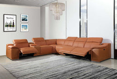 Camel Italian Leather Power Reclining U Shaped Seven Piece Corner Sectional With Console - Homeroots