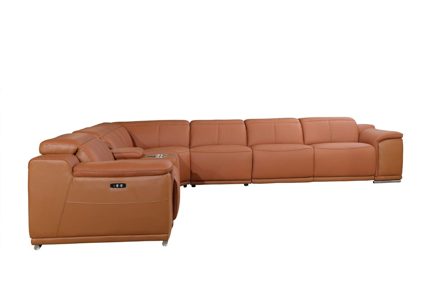 Camel Italian Leather Power Reclining U Shaped Seven Piece Corner Sectional With Console - Homeroots