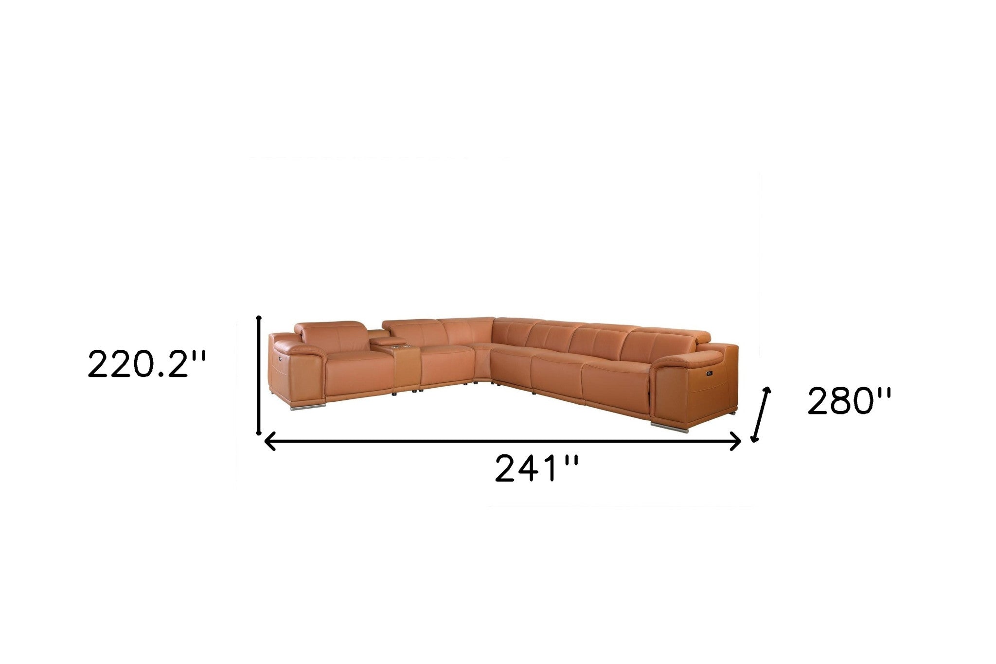 Camel Italian Leather Power Reclining U Shaped Seven Piece Corner Sectional With Console